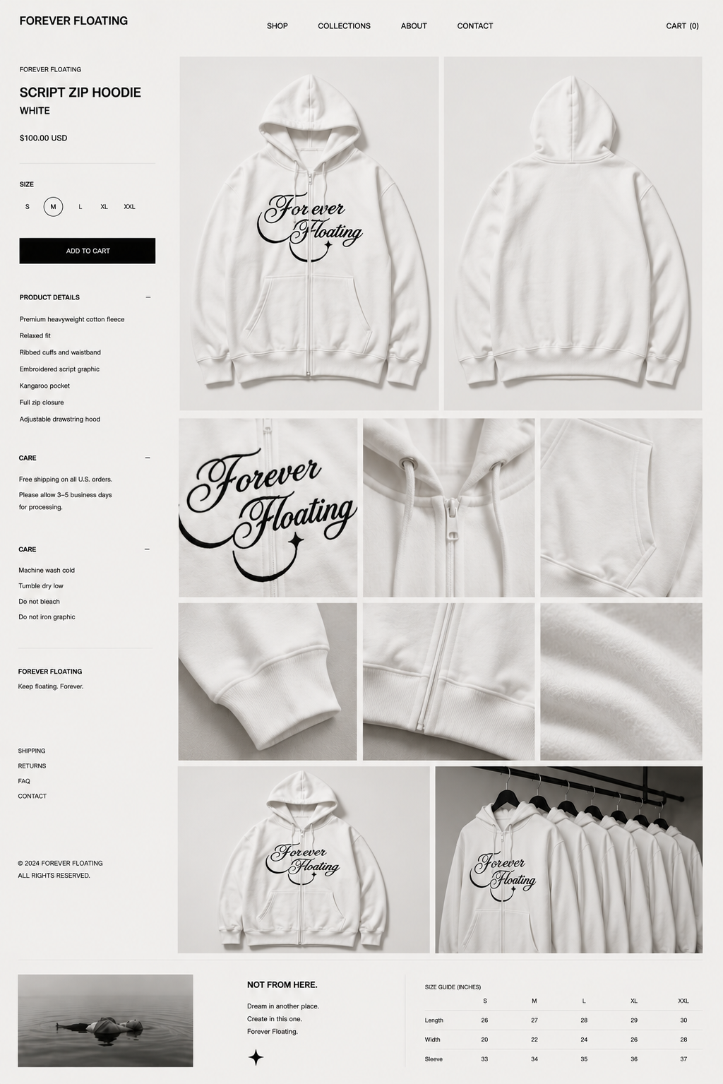 Original unedited Forever Floating product layout with all hoodie views and size guide