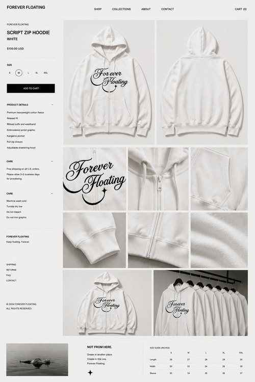 Original unedited Forever Floating product layout with all hoodie views and size guide