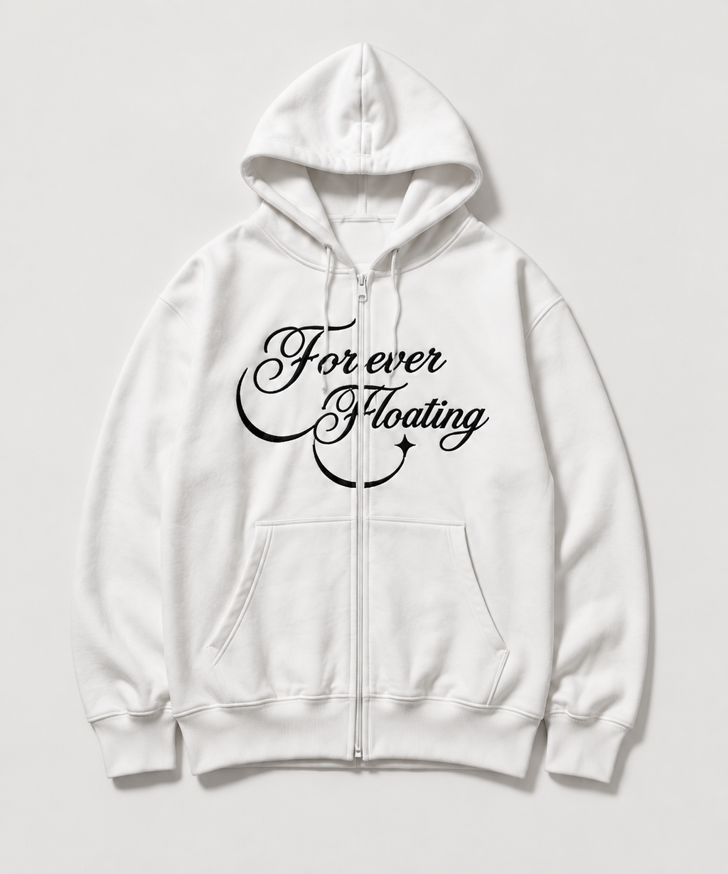White Forever Floating Script Zip Hoodie — front
