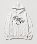White Forever Floating Script Zip Hoodie — front