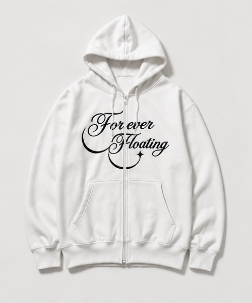 White Forever Floating Script Zip Hoodie — front